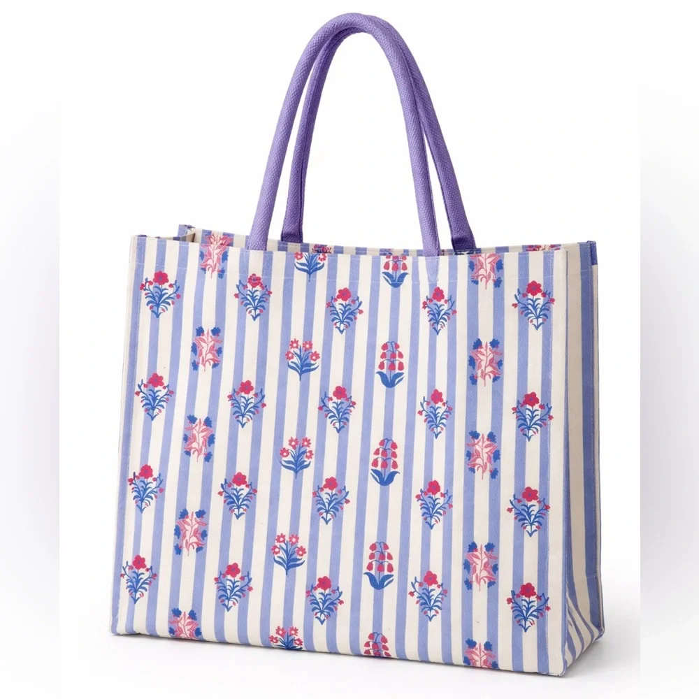 Striped Floral Canvas Tote Bag
